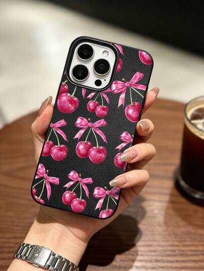 复古辣妹风樱桃蝴蝶结印花手机壳设计，高品质黑色磨砂防摔保护壳，适用于 17 Pro Max/17 Pro/16 Pro Max/16 Pro/16/15 Pro Max/15 Pro/15/14 Pro Max/14 Pro/14/13 Pro Max/13 Pro/13/12 Pro Max/12 Pro/12/11