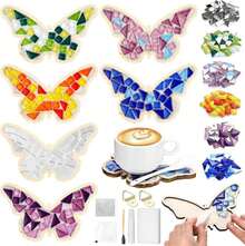 Honeydak 6 Sets DIY Glass Mosaic Tiles For Crafts With Butterfly Wooden Coasters For Adults Mixed Color Mosaic Crafts Materials Package For Coaster Stained Glass Kit For Handmade Home Decor Gifts - ColorB - 查看 1