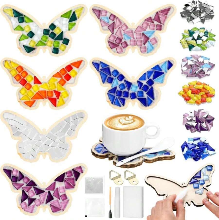 Honeydak 6 Sets DIY Glass Mosaic Tiles For Crafts With Butterfly Wooden Coasters For Adults Mixed Color Mosaic Crafts Materials Package For Coaster Stained Glass Kit For Handmade Home Decor Gifts - ColorB - 查看 1