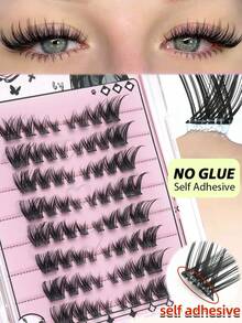 64 piezas de grupos de pestañas postizas autoadhesivas, de longitud mixta de 7-12 mm, pestañas falsas de aspecto natural, pestañas segmentadas, pestañas individuales esponjosas con rizo C, diseño grueso, adecuado para principiantes, grupos de pestañas e pestañas individuales - C - Ver 6