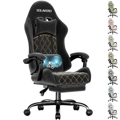Gaming Chair With Massage Lumbar Pillow, Breathable Felt Fabric, 90-135° Reclining, Linkage Armrests, Footrest, Ergonomic Office Chair For Adults