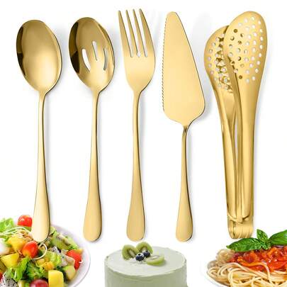 Juego de 5 piezas de utensilios de servir y vajilla de acero inoxidable de color dorado resistente - Cuchara, tenedor, pala para tarta, pinzas para barbacoa multiusos, adecuados para bodas, fiestas, bufés, cenas festivas, elegantes y comidas al aire libre