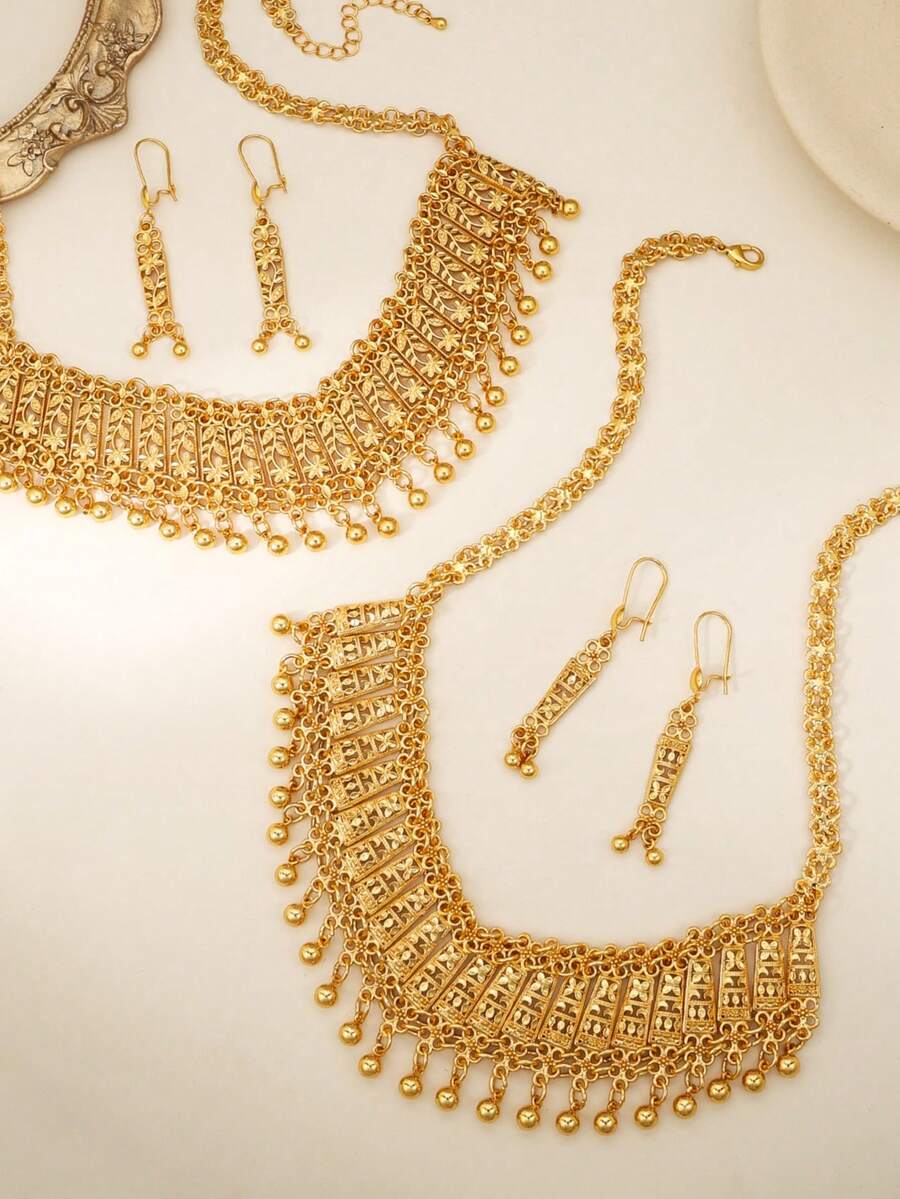 3件套复古金色花卉镂空首饰套装，波西米亚风垂坠串珠项链和耳环，适合女士派对和婚礼佩戴 - 金黃色 - 查看 1