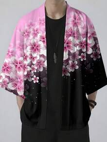 A Piece Of Fresh Art Style Polyester Summer Pink-Black Gradient Cherry Blossom Print Men's Loose Kimono Cardigan For Casual Outings - 彩色 - 查看 3