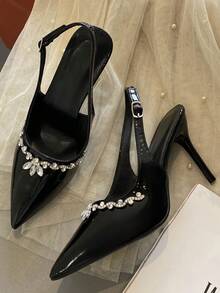 Zapatos de tacón alto y puntera afilada, sexy. Zapatos de tacón alto elegantes y versátiles con tira de strass y sin talón, en color negro. Zapatos de tacón alto finos y elegantes de estilo francés, en color albaricoque, para primavera/verano - Negro - Ver 7