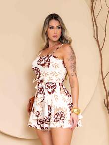 Basic Printed Romper With Padded Cups Duna Premium Sizes P, M, G, And GG - White + Tropical Brown - View 4