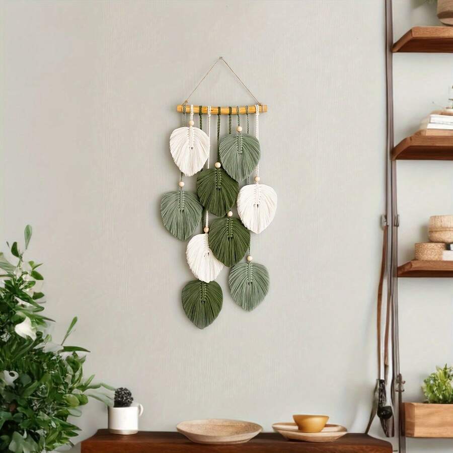 1pc Bohemian Wall Hanging Canvas | Handcrafted Green Leaf Design, Natural Theme Mural, Suitable For Living Room, Bedroom, Office - Bedroom Wall Decoration, No Electricity Needed, Portrait Orientation - 綠色 - 查看 1