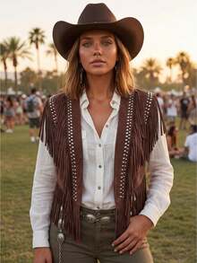 Women's Leather-Studded Suede Knitted Pullover Jacket - 1970s Hippie Style Ensemble - Sleeveless, Buttoned, Floor-Length Fringed Pullover With Western-Style Collar Design - 巧克力棕 - 查看 1