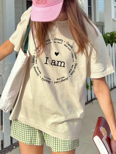 1件女童休闲印花圆领短袖T恤，夏季学生青少年服装 - 彩色英文字母印花T恤为每个孩子带来欢乐和幸福！