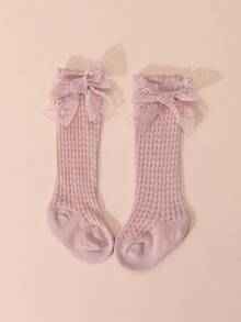 1 Pair Baby Girls' Sweet Cute Lace Bow Decor Cotton Mesh High Socks, Spring/Summer - Pink - View 10
