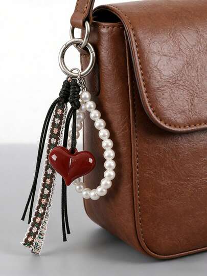 Vintage Embroidered Beaded Keychain Pendant; Multi-Layer Woven Hemp Rope Decor; 3D Acrylic Heart-Shaped Pearl Pendant; Waterproof Vintage Floral Embroidered Fabric Tag; Spring Outdoor Floral Decor For Backpacks; Handmade Versatile Decorative Pendant