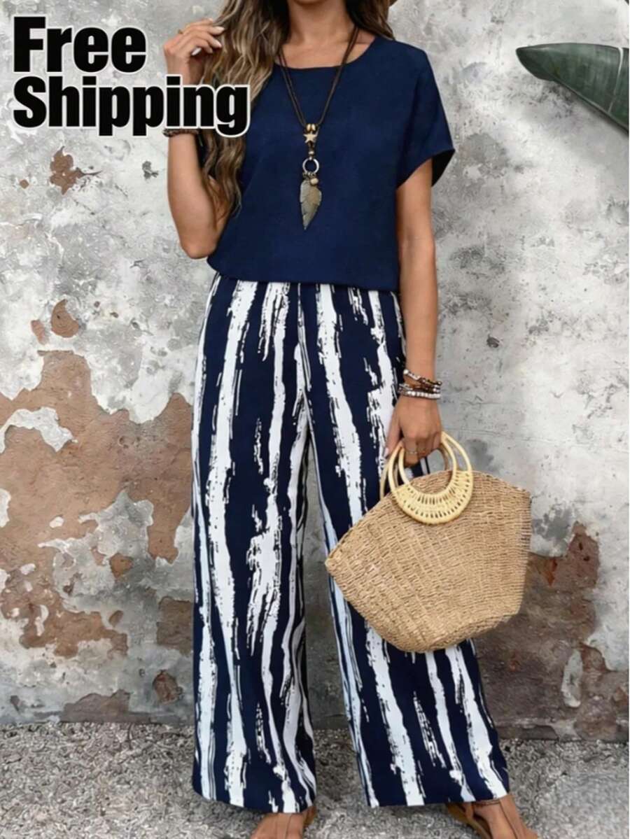 (Free Shipping) Women's 2-Piece Set:Daily Casual Minimalist T-Shirt & Striped Wide-Leg Pants For Spring/Summer; Vacation Outfits Women; Conjunto Para Mujer;Women Two Pieces Outfits For Daily Wear Island Vacation Outfits - Blue - View 1