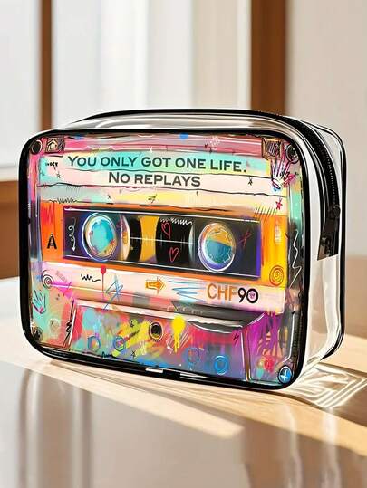 Nuevo bolso cosmético de PVC con patrón de casete retro, tema "Solo se vive una vez, no se puede rehacer", organizador de viaje con cremallera de PVC, ligero y resistente a la decoloración, adecuado para el maquillaje y los artículos de tocador de mujeres y niñas, fácil de limpiar, diseño estético de moda, aplicable para viajes, vacaciones, vuelta al colegio y otras ocasiones