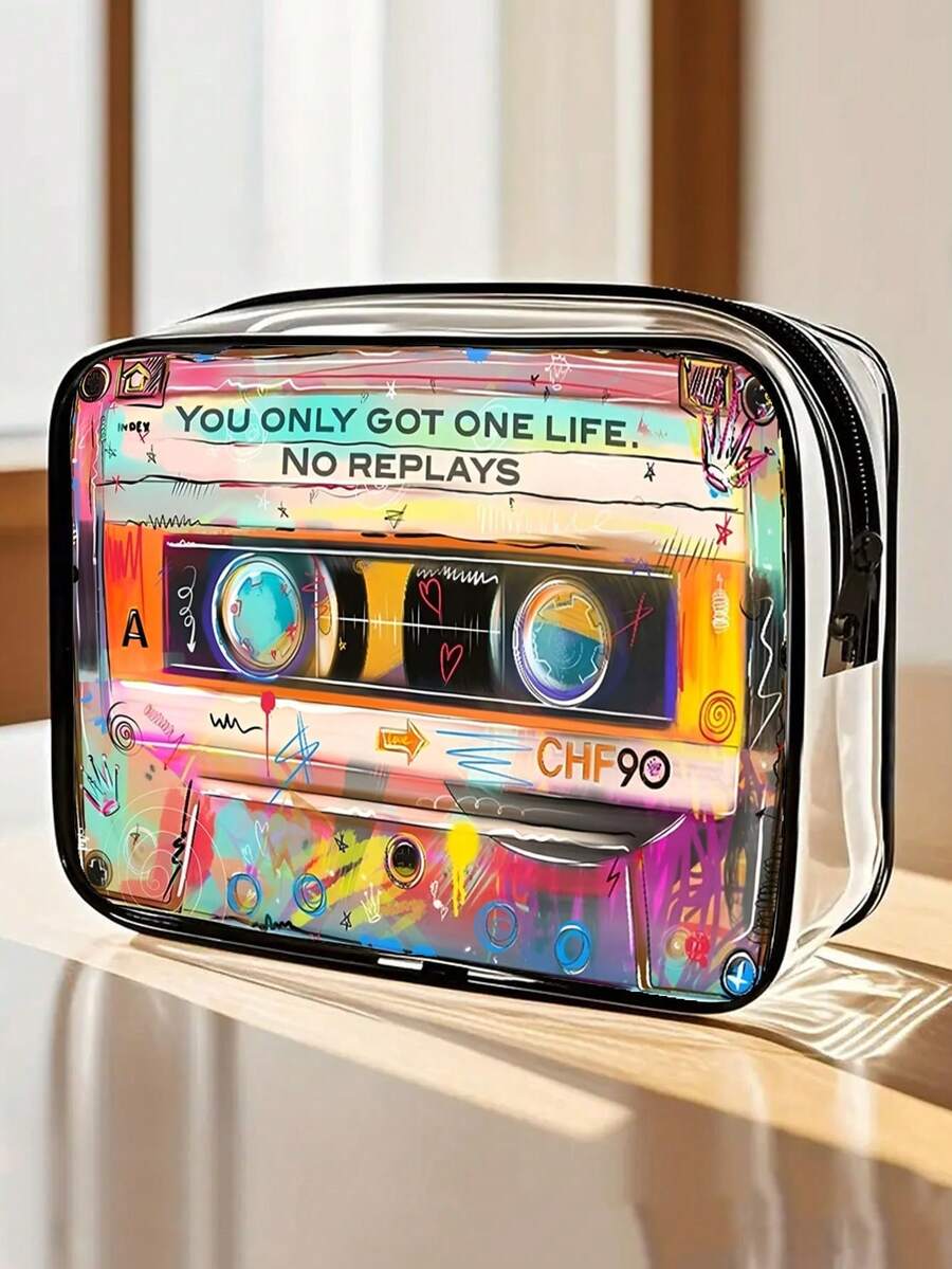 Nuevo bolso cosmético de PVC con patrón de casete retro, tema "Solo se vive una vez, no se puede volver a hacer", organizador de viaje con cremallera de PVC, ligero y resistente a la decoloración, adecuado para el maquillaje y los artículos de tocador de mujeres y niñas, fácil de limpiar, diseño estético de moda, aplicable para viajes, vacaciones, vuelta al colegio y otras ocasiones, bolsa de aseo, bolsa de viaje, bolsa de ducha, bolsa impermeable, gran capacidad, cubos de embalaje, artículos de viaje esenciales para mujeres, artículos esenciales para cruceros, artículos esenciales para vacaciones, artículos de viaje - Multicolor - Ver 1