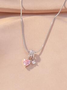 Hihho 1pc Pink Heart Double Zirconia Necklace, Delicate Snake Bone Chain With Sparkling Pink Zirconia, Versatile Girly Style Necklace - Heart to Heart - View 9