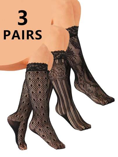 3双复古夏季蕾丝女士袜子，花卉网眼弹力透明中筒袜，女士连衣裙渔网黑色船袜，及膝袜，适合搭配裙子