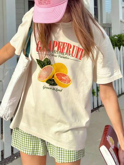 1pc Girls' Summer Fresh Grapefruit Print Short Sleeve T-Shirt, Vintage American Style Fruit Graphic Loose Casual Versatile Top