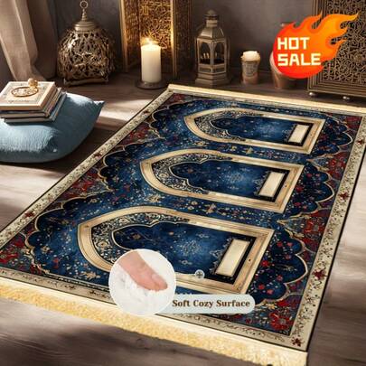 Muslim Prayer Mat, Soft Velvet Islamic Prayer Rug, Washable Non-Slip Waterproof Prayer Carpet, Vintage Blue Floral Pattern Portable Prayer Mat With Tassels, Ramadan/Eid/Hajj Islamic Gift, Multi-Use Indoor/Outdoor Area Rug For Living Room Bedroom Bathroom Kitchen, Garden RV Deck Picnic Essentials, Easy Clean No Shedding Prayer Mat For Men Women
