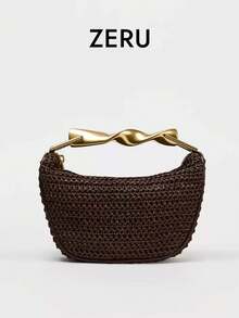 New Women's Shoulder Bag, Metal Handle Design, Zipper Closure, Casual Vacation Fashion Straw Woven Handbag - Coffee - View 1