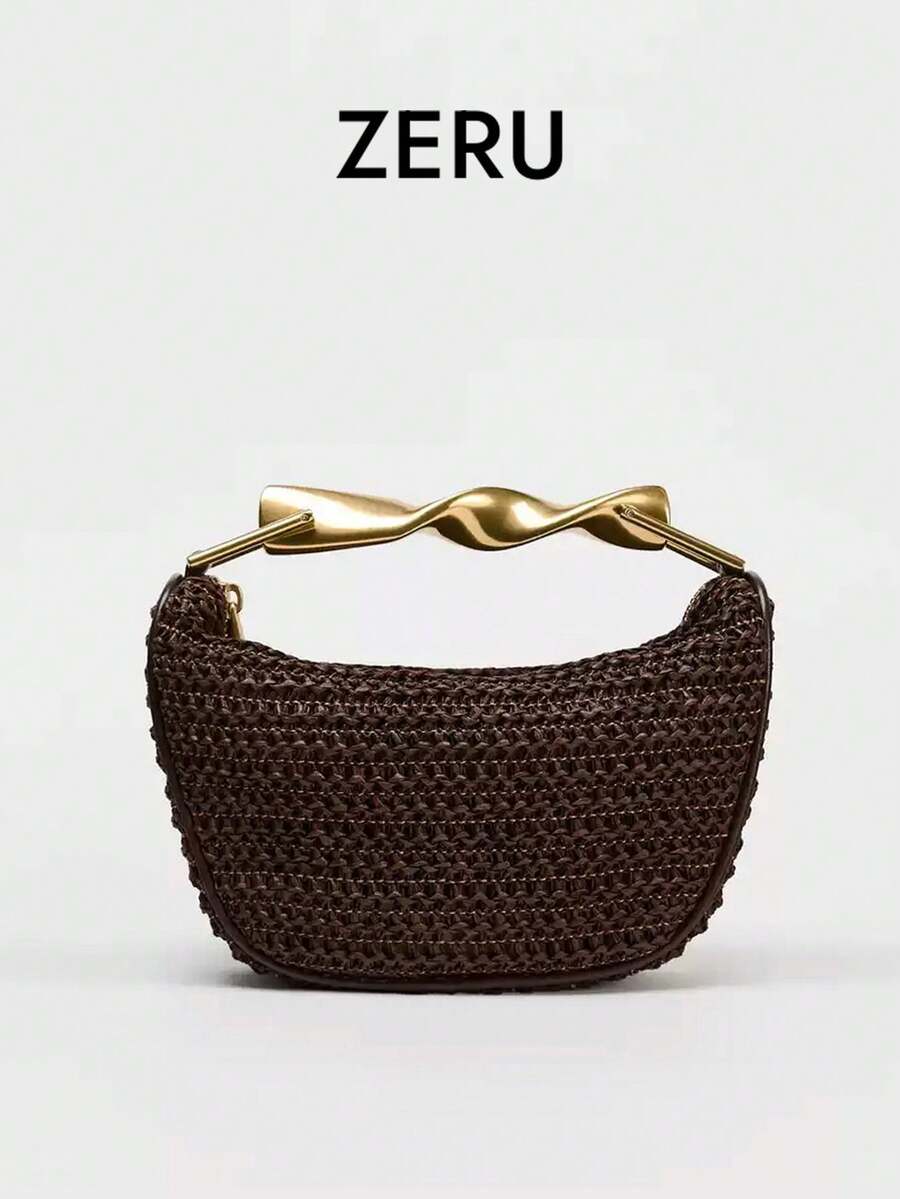 New Women's Shoulder Bag, Metal Handle Design, Zipper Closure, Casual Vacation Fashion Straw Woven Handbag - Coffee - View 1