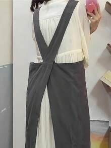 1PC Unisex Plus Size Gray Lightweight Cotton Cross-Back Pullover Apron With Pockets, Minimalist Modern Style, Easy On/Off Stain-Resistant Smock For Multiple Occasions - Grey - View 7