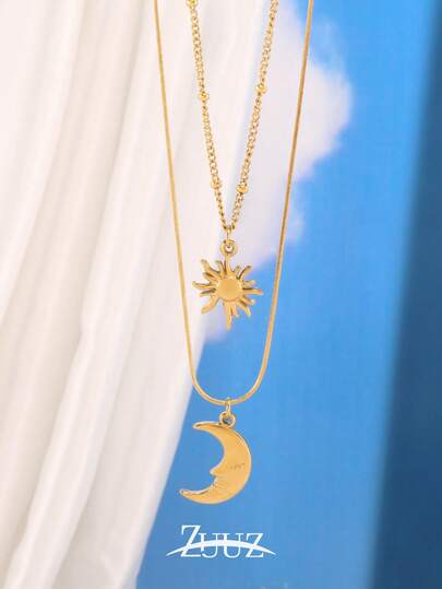1pc Fashion Vintage Stainless Steel Necklace For Women Sun Moon Charm DoubleLayer Necklace Jewelry For Daily Decoration