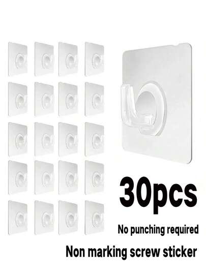 5/20/30pcs Adhesive Hooks, Strong Sticky Hooks, Door Hooks, Hole-Free Hooks, Load-Bearing Wall Hangers, Multi-Function Storage Racks, Seamless Wall Hooks, Removable, Transparent, Waterproof, Rust-Proof, Suitable For Home, Kitchen, Bathroom, Living Room