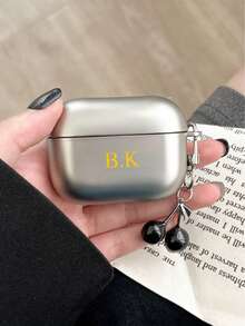 Customized Name Initial Earphone Protective Case (With Cherry Pendant) - Silver Electroplated Earphone Protective Case Suitable For AirPods 4th Gen, Pro, New 2nd/3rd Gen, Soft Protective Case Compatible With Apple Earphones, Electroplated Earphone Protective Case, Valentine's Day Gift - Silver - View 1