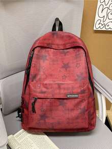 1pc Red & Black Ombre Star Print Nylon Large Capacity Zipper Closure Backpack, Retro American Style For Students & Commute - Burgundy - View 10