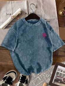 女士休闲纯棉印花T恤，黑色水洗上衣，圆领短袖，宽松简约风格，适合日常穿着，复古设计，情人节夏季礼物 - 藍色 - 查看 3