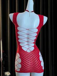 女士性感渔网内衣，网纱吊带睡裙，蕾丝连体裤 - 紅色 - 查看 4