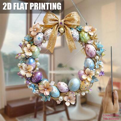 2D Flat - Colorful 2D Flat Easter Egg Wreath Suncatcher, Perfect For Hanging On Windows As Decor. This Acrylic Sign Makes An Excellent Holiday Gift For Wife Or Husband, And Can Also Enhance Spring Decor In Various Scenes Like Porch.
