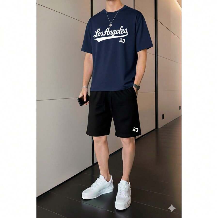 Los Angeles Casual Streetwear Set, 100% Cotton - 藏蓝色 - 查看 1