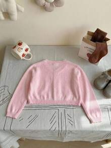 女童优雅粉色短款镂空针织开衫，单扣轻薄透气披肩，春夏款 - 粉色 - 查看 3