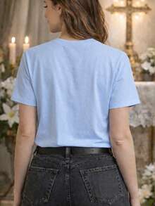 Catholic T-Shirt The Holy Cross Casual Comfort Gift Religion 100% Cotton - Màu xanh nhạt - Xem 2