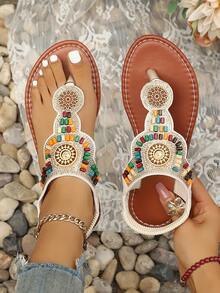 2026 New Plus Size Rhinestone T-Strap Thick Bottom Sandals, Elastic Band Beaded Beach Slippers For Women - Beige - View 2