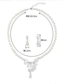 1 Set Classic Y-Shaped Glass Pearl Necklace And Earrings, Bridal Wedding, Party Dress Accessory Set, 1 Necklace And 1 Pair Of Earrings - Beige Phoenix Tail - View 5