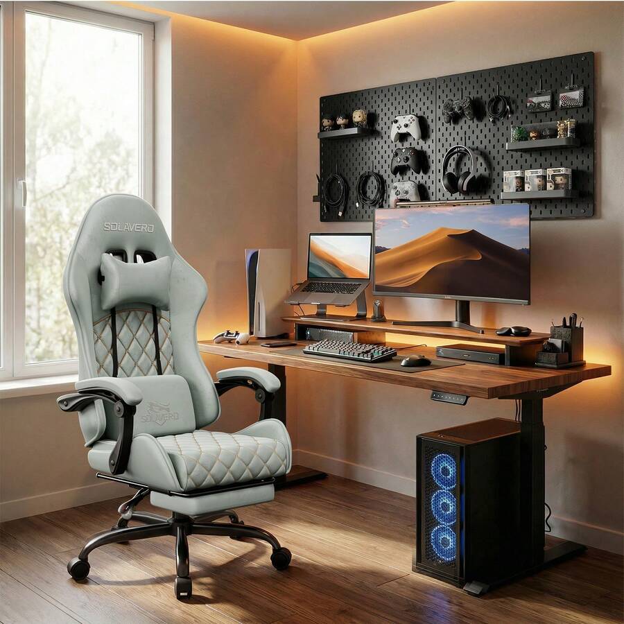 HLDIRECT Gaming Chair With Massage Lumbar Pillow, Breathable Felt Fabric, 90-135° Reclining, Linkage Armrests, Footrest, Ergonomic Office Chair For Adults - Màu xanh nhạt - Xem 1