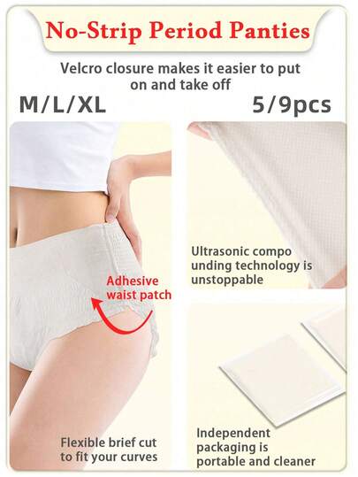 5/9 chiếc, Quần lót kinh nguyệt, Băng vệ sinh kiểu quần lót, Quần lót kinh nguyệt thiết kế không cần tháo rời, Thiết kế khóa dán, Thích hợp sử dụng cả ngày lẫn đêm, Mềm mại và thân thiện với da, Chống rò rỉ lâu dài, Khô thoáng và dễ thở, Thích hợp cho phụ nữ trong thời kỳ kinh nguyệt và sau sinh, Quần lót kinh nguyệt, Đồ lót kinh nguyệt.