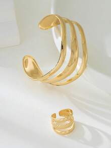 Bộ trang sức gồm 1 vòng tay ba lớp rỗng hình học, thiết kế phóng khoáng, độc đáo theo phong cách Âu Mỹ, có thể điều chỉnh kích thước, kèm 1 chiếc nhẫn duyên dáng, thích hợp cho phụ nữ dự tiệc tối/tiệc cocktail/du lịch, quà tặng ngày lễ. - Vàng - Xem 5