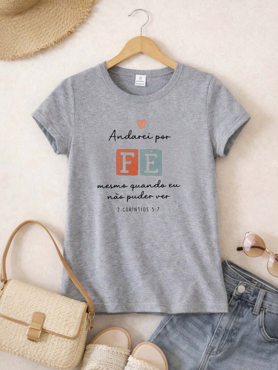 Women's Gospel Faith T-Shirt 100% Cotton – "I Will Walk By Faith" Christian Verse, Casual Evangelical Fashion - 灰色 - 查看 1