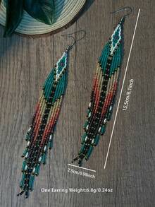 手工串珠流苏耳环，采用玻璃珠和米珠制成，波西米亚风几何设计吊坠耳环，时尚珠宝，女士礼物 - 綠色 - 查看 6
