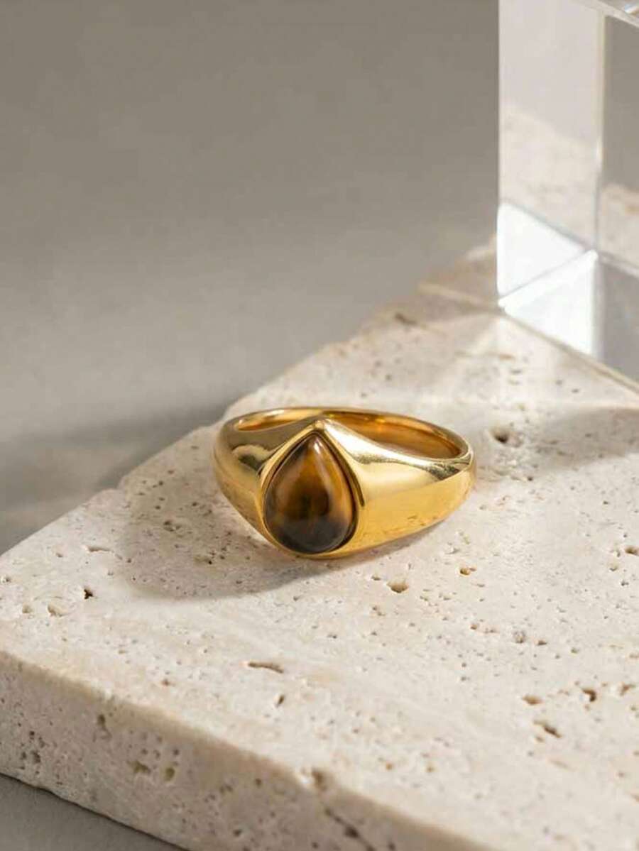1pc Fashionable Stainless Steel Teardrop Natural Tiger Eye Stone Gold Color Ring, Women Jewelry - Gold - View 1