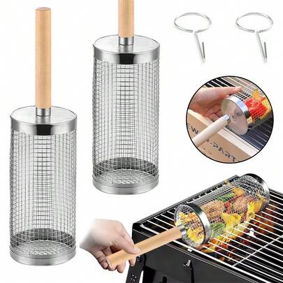 2Pcs 304 Stainless Steel Rolling Grill Cage With Wooden Handle Portable Rotating Grill Basket Corrosion Resistant Even Heating Easy To Clean For Outdoor Camping BBQ Christmas Parties Holiday Gift