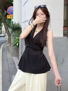 Y6Y 春季新款黑色吊带系腰设计女式上衣 - 黑色 - 查看 3