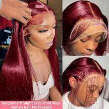 28 Inch Burgundy Straight Wig Human Frontal Hair 200% Density 13X4 13X6 HD Lace Front Wigs Natural Hairline Pre Plucked HD Lace Front Wig For Women Straight Blended Hair With Baby Hair - SBUG - View 9