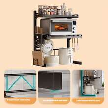 Estante de cocina de 3 niveles con 6 ganchos | Estante multifuncional expandible para horno microondas, estante de almacenamiento de encimera para horno de varios niveles, estante de almacenamiento de artículos, altura ajustable, construcción de hierro con tubos dorados, estantes utilitarios - Negro - Ver 6