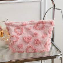 Ins Style Heart Plush Makeup Bag Cute Teddy Cosmetic Pouch Large Capacity Travel Makeup Organizer For Women - A - View 7