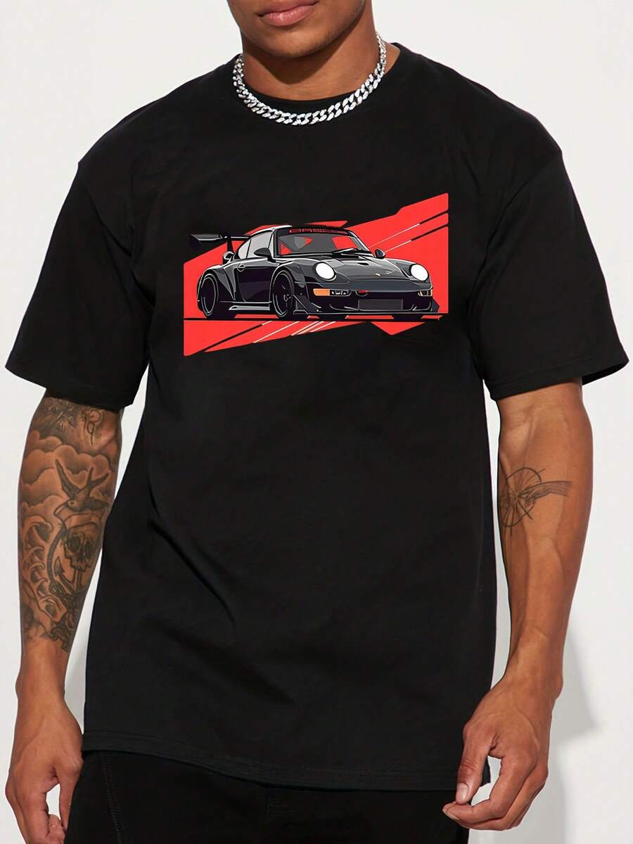[Camiseta Gráfica Streetwear] Estampado Gráfico de Coche Deportivo Negro Dinámico - Diseño Streetwear Americano con Letras de Graffiti - Camiseta de Manga Corta para Hombres y Mujeres - Perfecta para Parejas en la Moda Urbana, Camiseta Gráfica Casual para Hombres, Camiseta de Algodón Suave Estilo Vintage para Uso Diario, Regalo Perfecto para Nuevos Padres, Corte Clásico con Detalles de Corazones y Estrellas Coloridos, Comodidad para Todo el Día en Salidas de Fin de Semana y Casual, El Mejor Regalo para Hombres y Mujeres - Negro - Ver 1