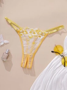 2-Piece Women's Yellow Open-Cup French-Style Floral Embroidary Underwire Bra And Thong Sexy Lingerie Set Adjustable Straps Bra Crotchless Panty Underwear Suit For Vacation Homewear Hot Nightwear Valentine's Day Anniversary Honeymoon - 黃色 - 查看 6